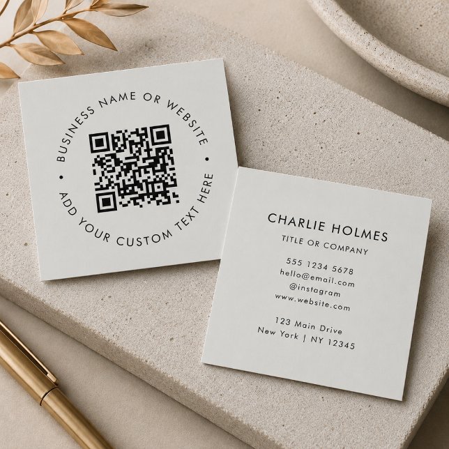 Carte De Visite Carré Code QR | Moderne Professionnel Gris Argent (Interactive editable QR code square business cards to promote your business, products or services.)