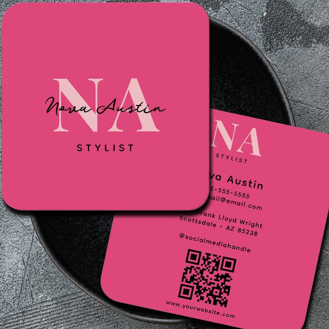Carte De Visite Carré Code QR Monogram Luxe Tendance Esthétique Rose Cha (Créateur téléchargé)