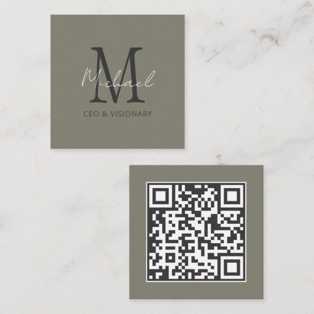 Carte De Visite Carré Code QR Monogramme en Étain Moderne (Devant / Derrière)