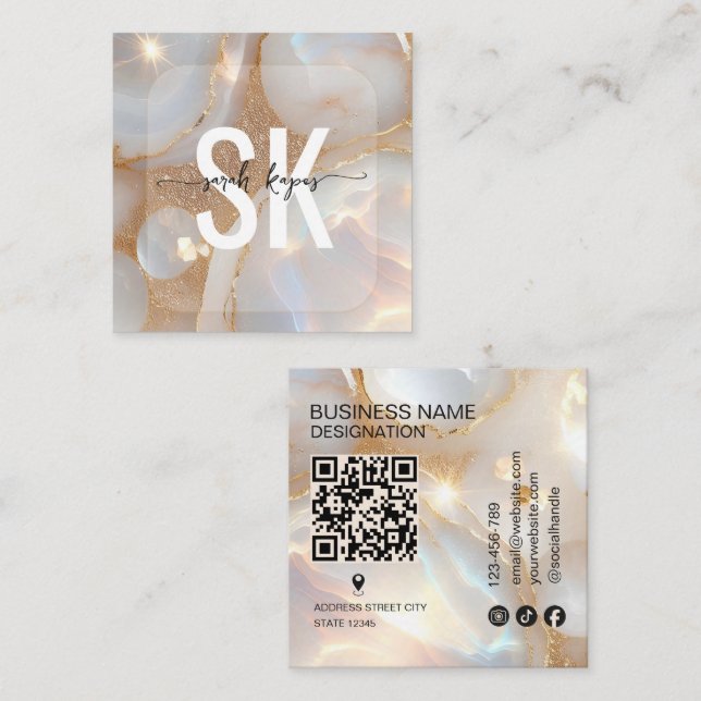 Carte De Visite Carré Code QR monogramme en pierre d'opale moderne (Devant / Derrière)