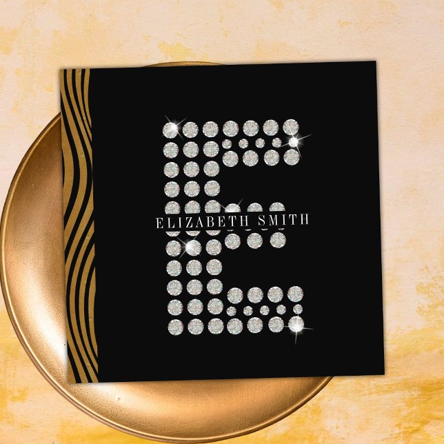 Carte De Visite Carré Code QR Monogramme Initial E Diamant Or Noir Chic (Front)