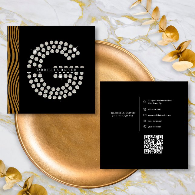 Carte De Visite Carré Code QR Monogramme Initiale G Diamant Or Noir Chic (Créateur téléchargé)