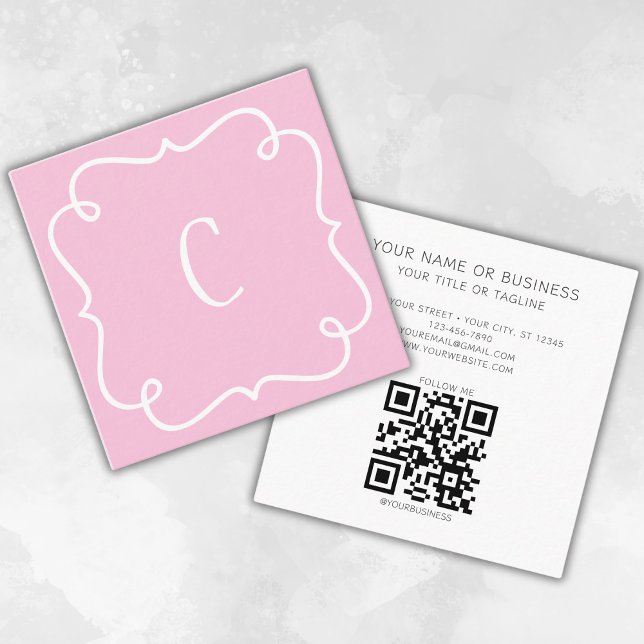 Carte De Visite Carré Code QR monogramme minimal tendance unique rose ro (Créateur téléchargé)