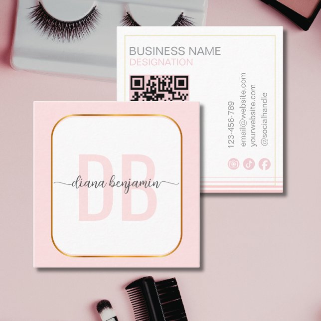 Carte De Visite Carré Code QR monogramme moderne rose poudré et or blanc (Créateur téléchargé)