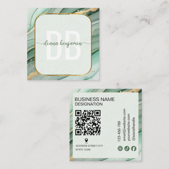 Carte De Visite Carré Code QR monogramme Or Vert Sauge Moderne (Devant / Derrière)