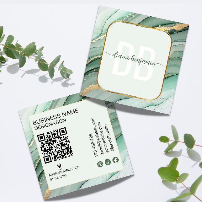 Carte De Visite Carré Code QR monogramme Or Vert Sauge Moderne (Créateur téléchargé)