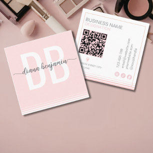 Carte De Visite Carré Code Qr monogramme rose et blanc moderne