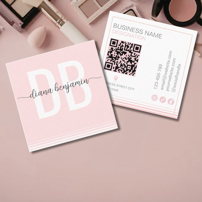 Carte De Visite Carré Code Qr monogramme rose et blanc moderne (Créateur téléchargé)