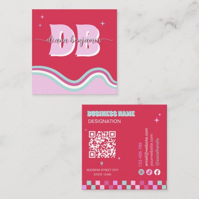Carte De Visite Carré Code Qr Monogramme Rouge Rose Rétro  (Devant / Derrière)