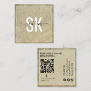 Carte De Visite Carré Code QR Monogramme Rustique Lin Beige