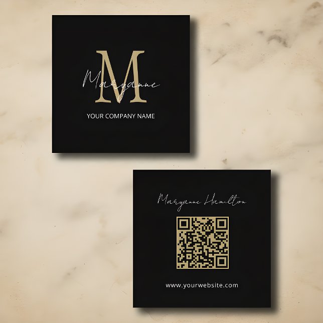 Carte De Visite Carré Code QR Monogramme Simple Noir (Créateur téléchargé)