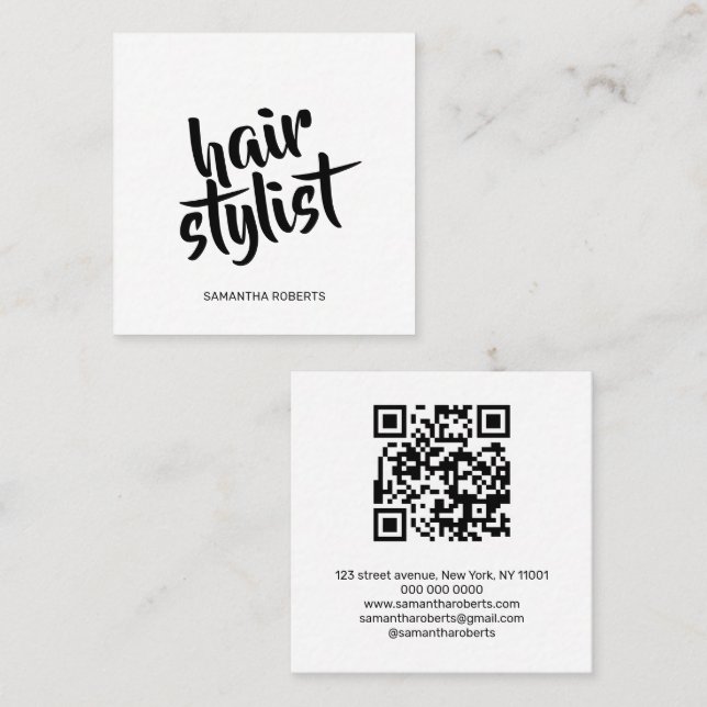 Carte De Visite Carré Code QR noir blanc écriture coiffeur moderne  (Devant / Derrière)