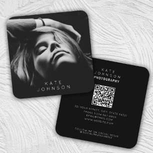 Carte De Visite Carré Code QR noir & blanc tendance stylish pleine photo