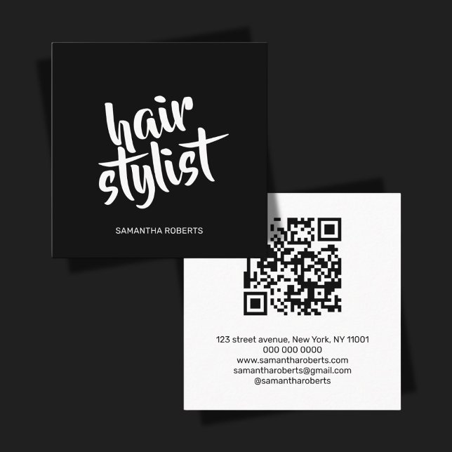 Carte De Visite Carré Code QR noir et blanc de script de coiffeur modern (Créateur téléchargé)