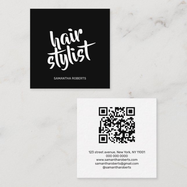 Carte De Visite Carré Code QR noir et blanc de script de coiffeur modern (Devant / Derrière)