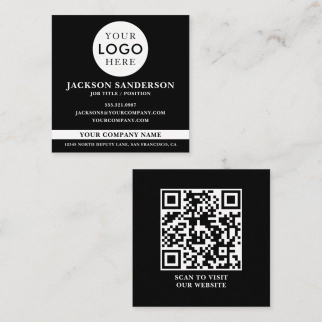 Carte De Visite Carré Code QR noir professionnel de logo personnalisable (Devant / Derrière)