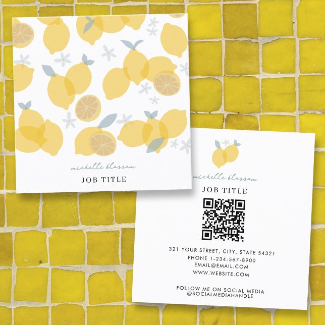 Carte De Visite Carré Code QR Pastel Citrus Lemons (Modern Pastel Citrus Lemons QR Code Square Business Card)
