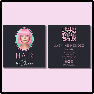Carte De Visite Carré Code QR Photo Black Pink Coiffeur Réseaux Sociaux