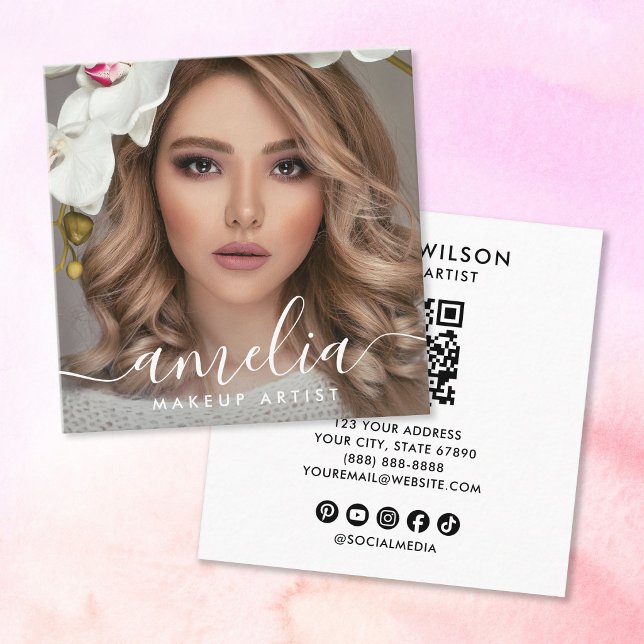 Carte De Visite Carré Code QR photo de style girly (Créateur téléchargé)