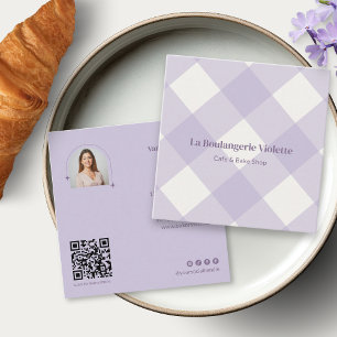 Carte De Visite Carré Code QR Photo Rétro Gingham Boulangerie Violet