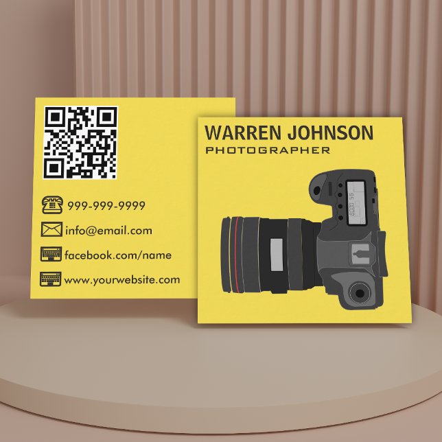 Carte De Visite Carré Code QR Photographe Moderne Jaune (Créateur téléchargé)
