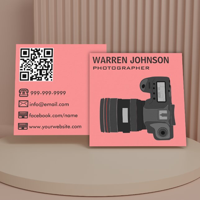 Carte De Visite Carré Code QR Photographe Moderne Rose Corail (Créateur téléchargé)