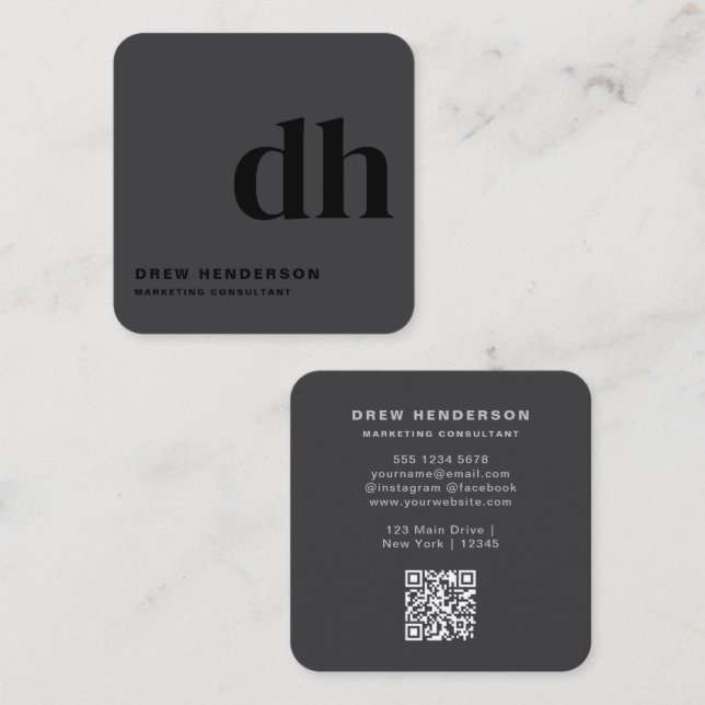 Carte De Visite Carré Code QR Professionnel Monogramme Noir  (Devant / Derrière)