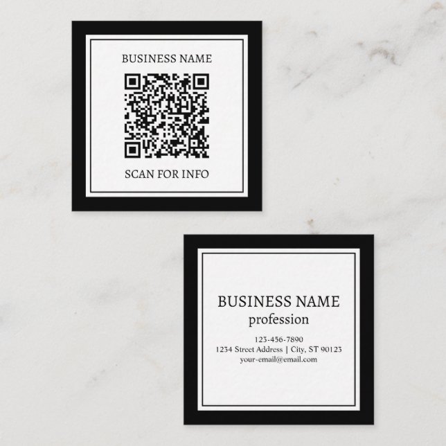 Carte De Visite Carré Code QR professionnel | Noir & Blanc (Devant / Derrière)