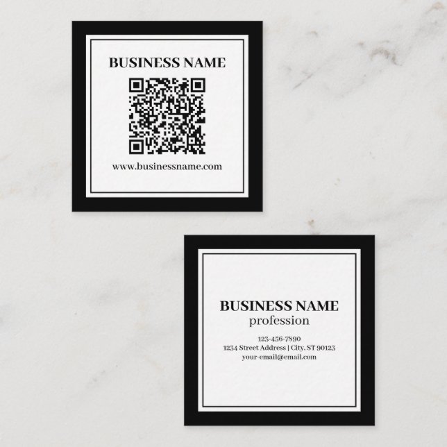 Carte De Visite Carré Code QR professionnel | Noir & Blanc (Devant / Derrière)