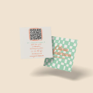 Carte De Visite Carré Code QR Retro main verte tirée À damiers Super