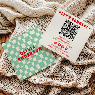 Carte De Visite Carré Code QR rétro Super À damiers Boho tendance unique