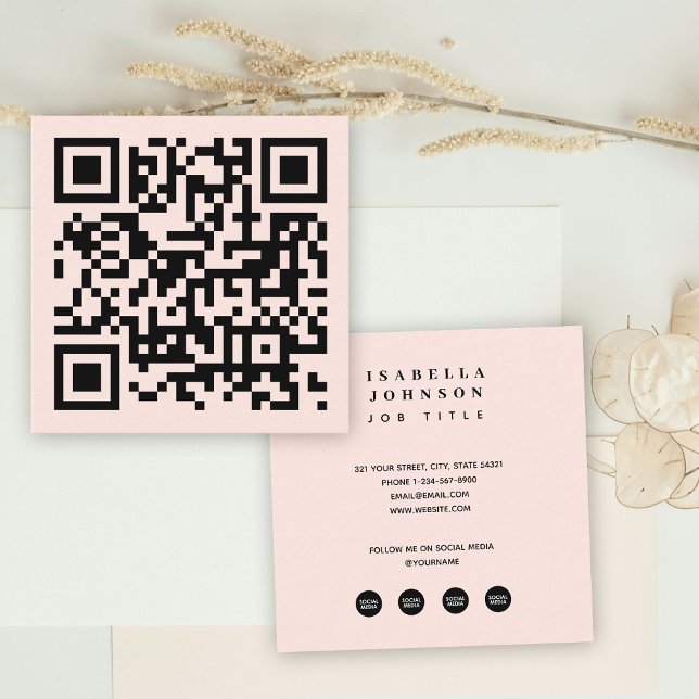 Carte De Visite Carré Code QR rose pâle minimum Icônes de médias sociaux (Minimal Blush Pink QR Code Social Media Icons Square Business Card)