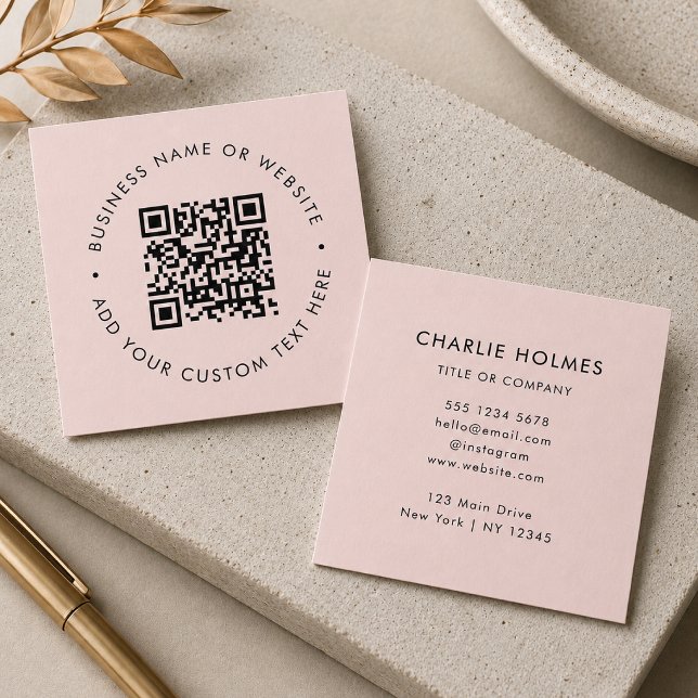Carte De Visite Carré Code QR | Rose Pâle Moderne Professionnel (Interactive editable QR code square business cards to promote your business, products or services.)