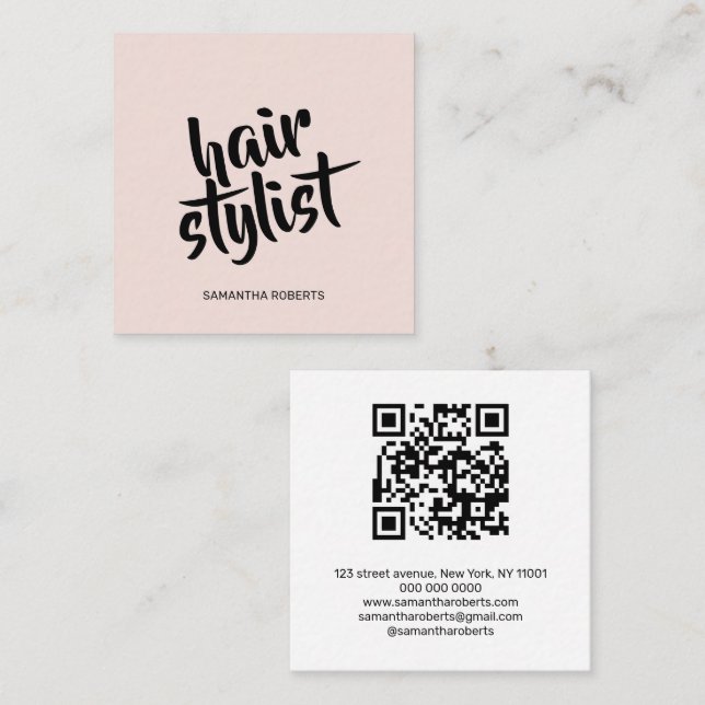 Carte De Visite Carré Code QR rose poudré écriture moderne pour coiffeur (Devant / Derrière)
