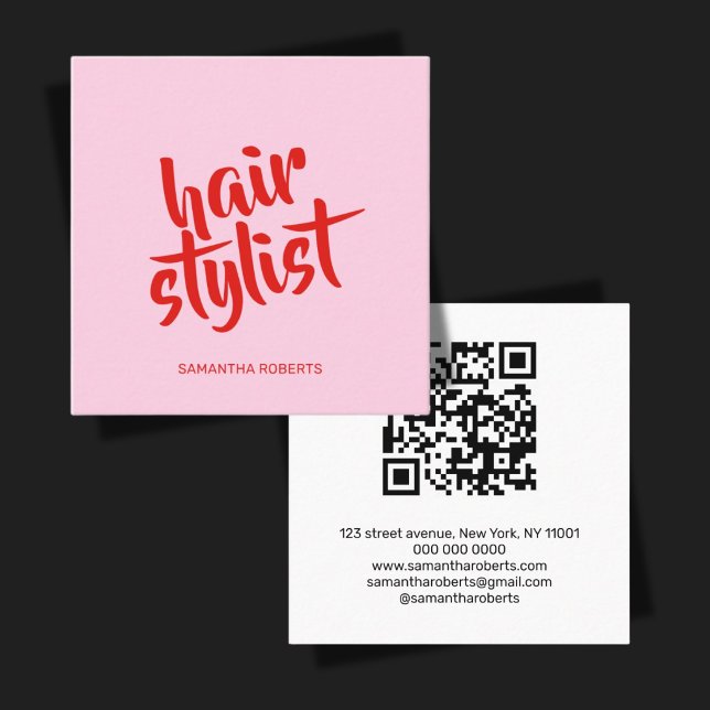Carte De Visite Carré Code QR rose rouge écriture moderne coiffeur  (Créateur téléchargé)