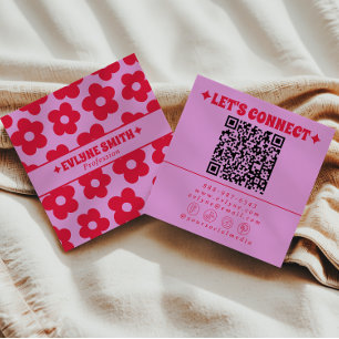 Carte De Visite Carré Code QR Rose Rouge Rétro Groovy Floral Féminin Ten