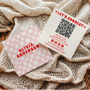 Carte De Visite Carré Code QR rouge rose rétro À damiers Super Girl Boho