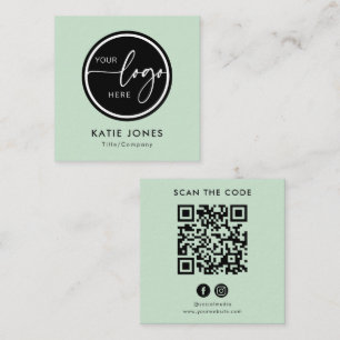 Carte De Visite Carré Code QR Sage Vert Logo Personnalisé Scannez le Cod