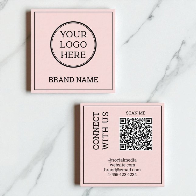 Carte De Visite Carré Code QR scannable Moderne Rose Pâle Noir Numérique (Scannable QR Code Modern Blush Pink Black Digital Square Business Card)