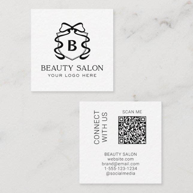 Carte De Visite Carré Code QR scannable Salon moderne noir et blanc (Devant / Derrière)