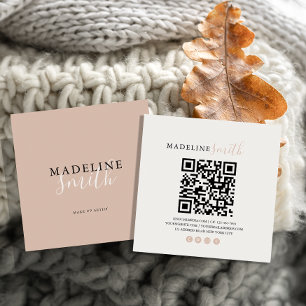Carte De Visite Carré Code QR script boho beige carré