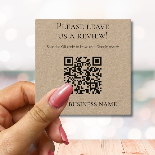 Carte De Visite Carré Code QR simple Avis Google Kraft (Créateur téléchargé)