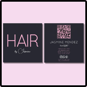 Carte De Visite Carré Code QR Simple Black Pink pour Coiffeur Réseaux So