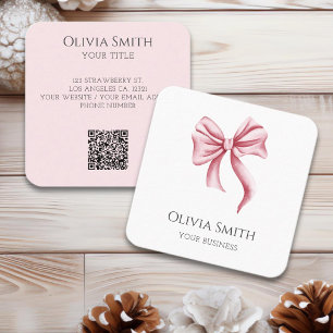 Carte De Visite Carré Code QR Simple Élégant Ruban Rose