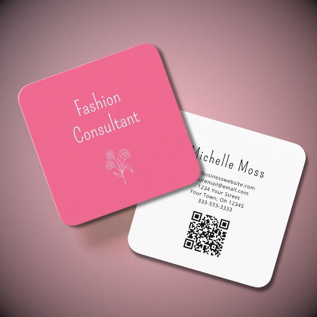 Carte De Visite Carré Code QR Simple Flower mignon Fille rose (Créateur téléchargé)