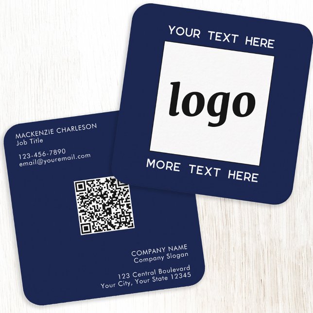 Carte De Visite Carré Code QR simple logo et texte bleu marine (Simple logo with QR code and custom text navy blue square business card)