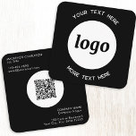 Carte De Visite Carré Code QR simple logo et texte noir<br><div class="desc">Code QR simple et minimaliste avec logo et texte personnalisé sur fond noir pour votre entreprise. Remplacez le logo,  le code QR et le texte par les vôtres pour personnaliser,  et changez la couleur de fond pour correspondre à votre marque.</div>