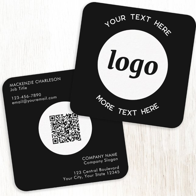 Carte De Visite Carré Code QR simple logo et texte noir (Logo with QR code and custom text black square business card)