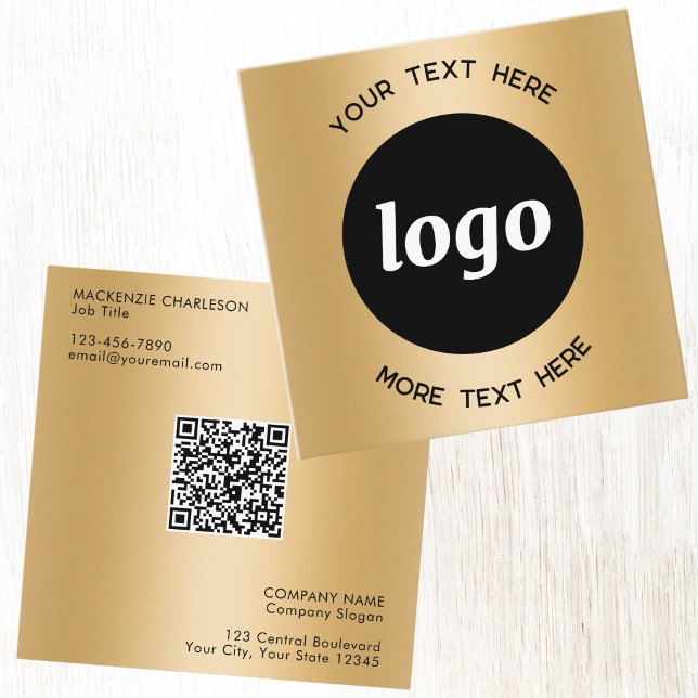 Carte De Visite Carré Code QR simple logo et texte Or (Logo with custom text business branding promotional qr code gold metallic effect business card)