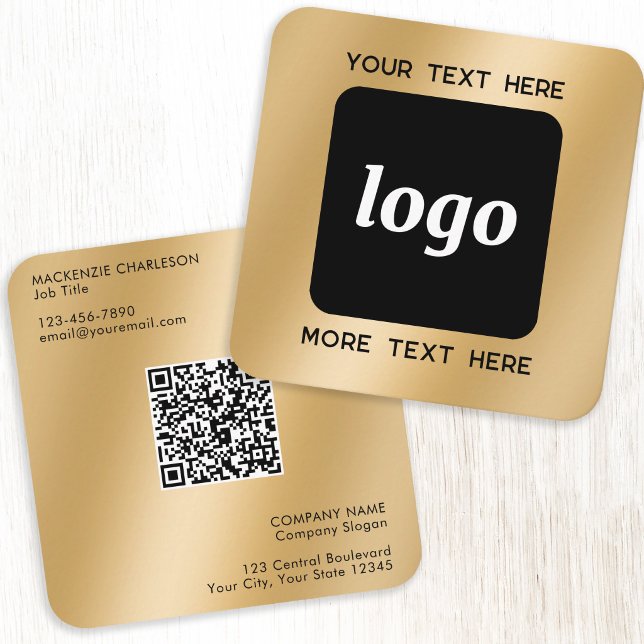 Carte De Visite Carré Code QR simple logo et texte Or (Simple logo with custom text QR code business branding promotional gold effect square business card)